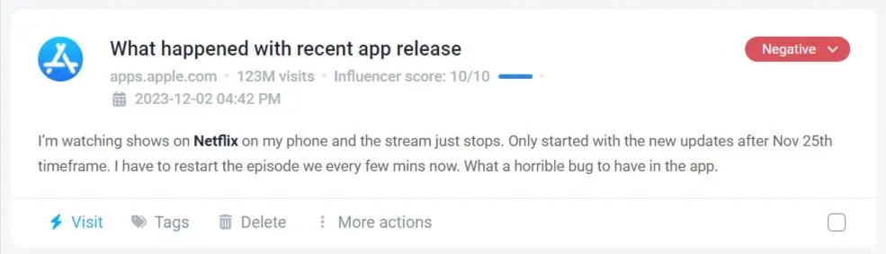 Negative App Store review detected by Brand24, the best AI media monitoring tool