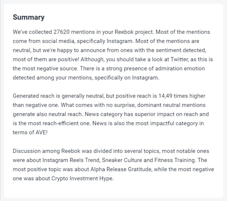 An example of a AI-powered media monitoring project summary inside the Brand24 tool