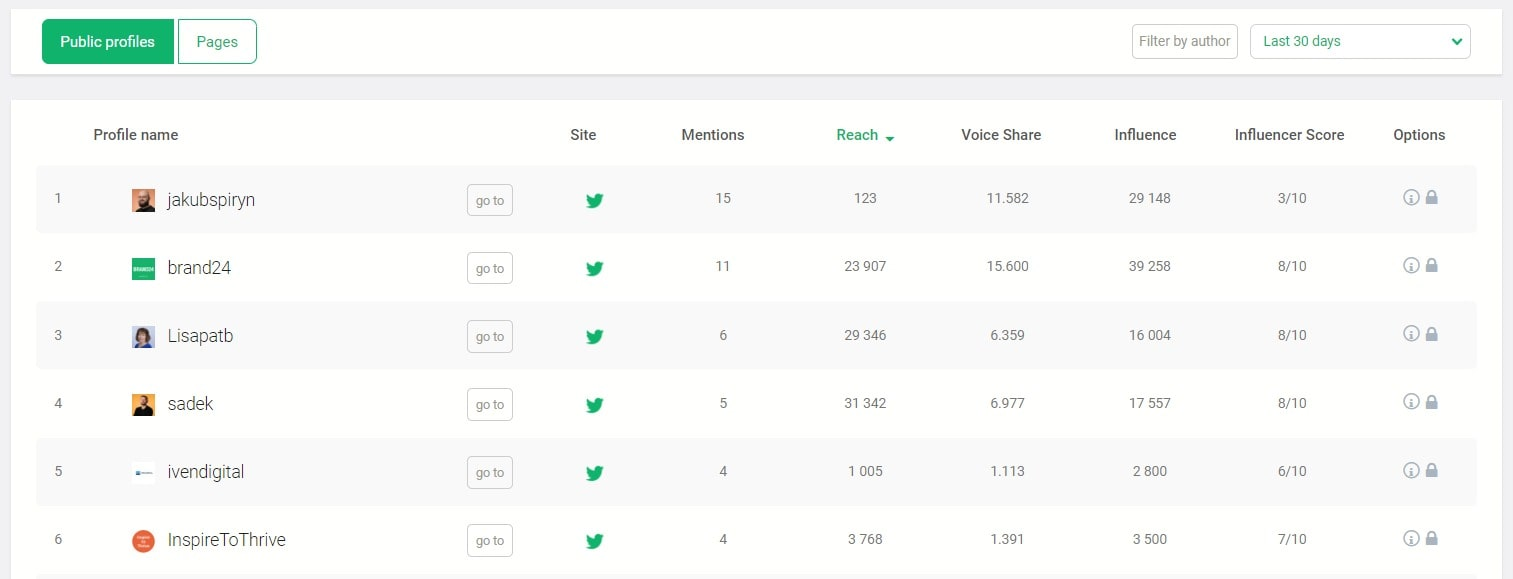 Top public profiles detected by the Brand24 tool