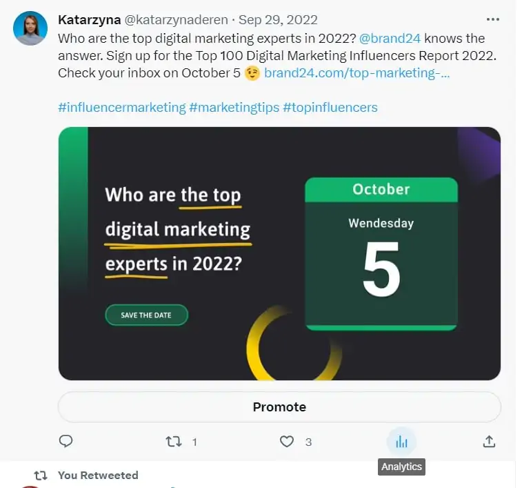 How to check Twitter impressions? Click the "Analytics" button under the post.