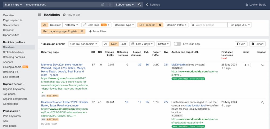 PR performance - backlink analysis in Ahrefs