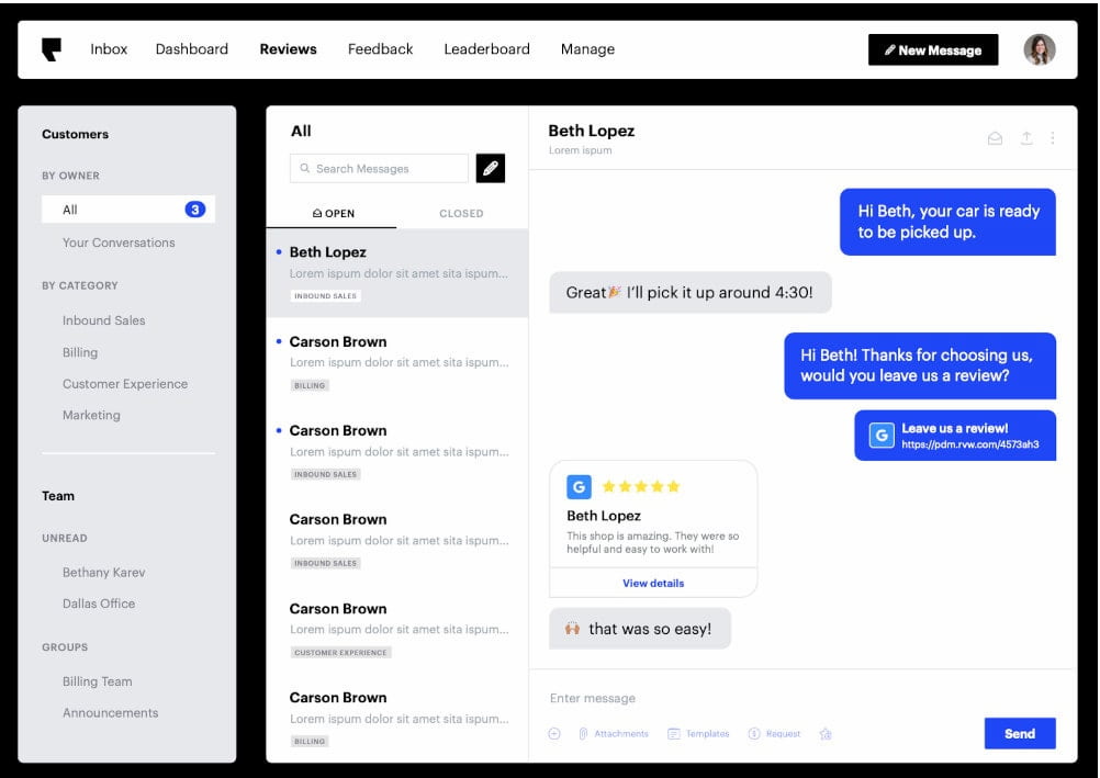 Podium dashboard for reputation management software