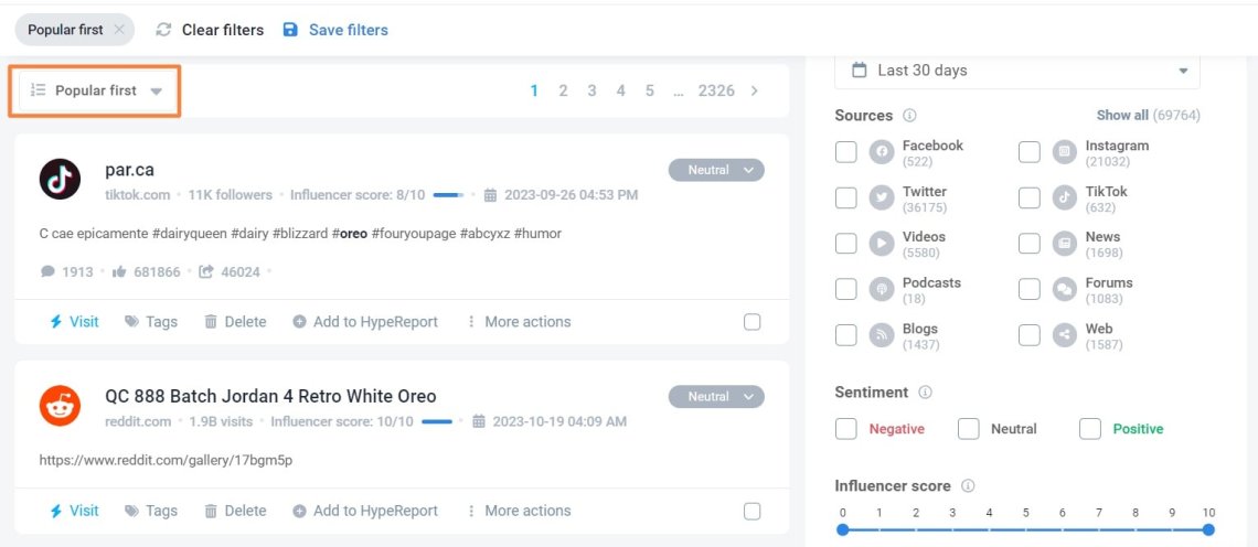 Filtering mentions by popularity