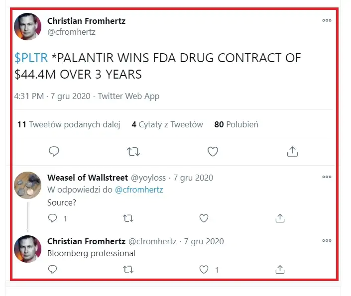 print screen of a tweet about Palantir