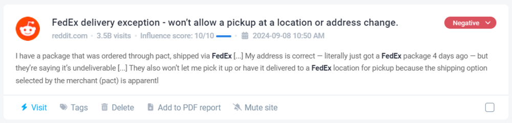 Negative mention about FedEx on Reddit detected by Brand24, the best brand reputation monitoring tool