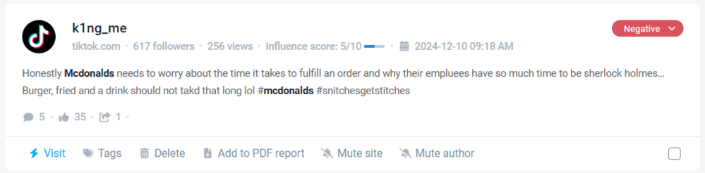 Negative mention of McDonald's detected by Brand24