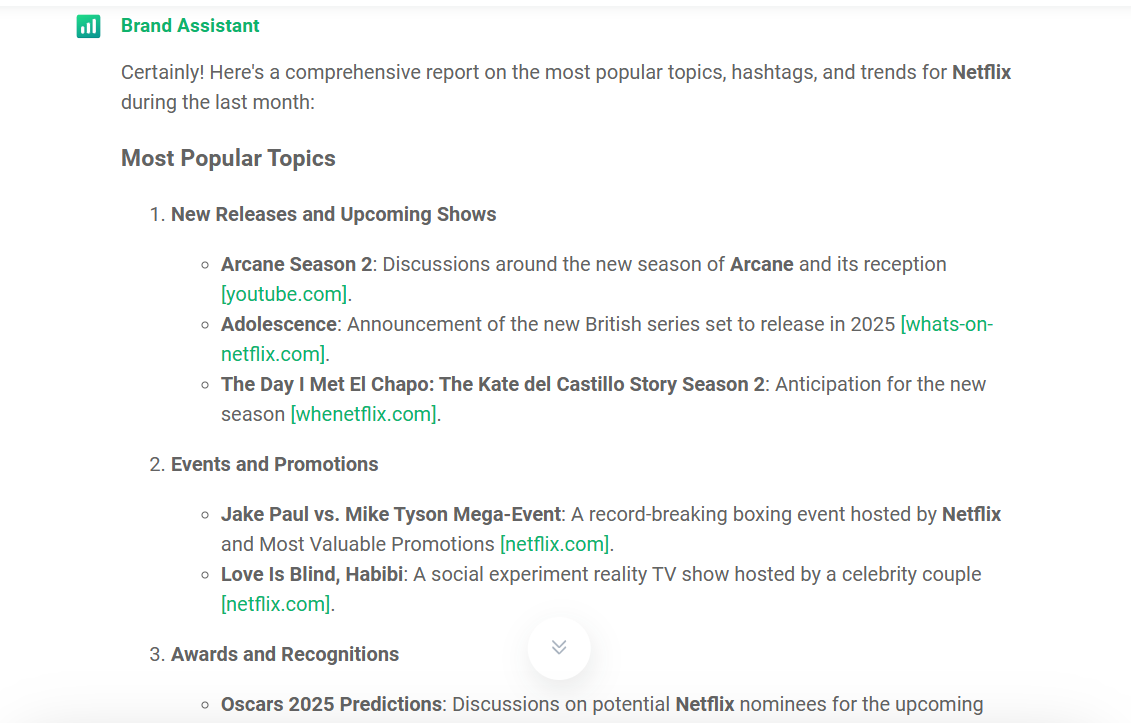 Brand Assistant answer on question about the most popular topic for Netflix on Brand24 - the best AI media monitoring tool