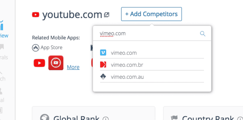 An image from Similarweb showing adding competitors for comparison