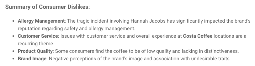 Brand24: AI Brand Assistant on what consumers dislike about Costa Coffee