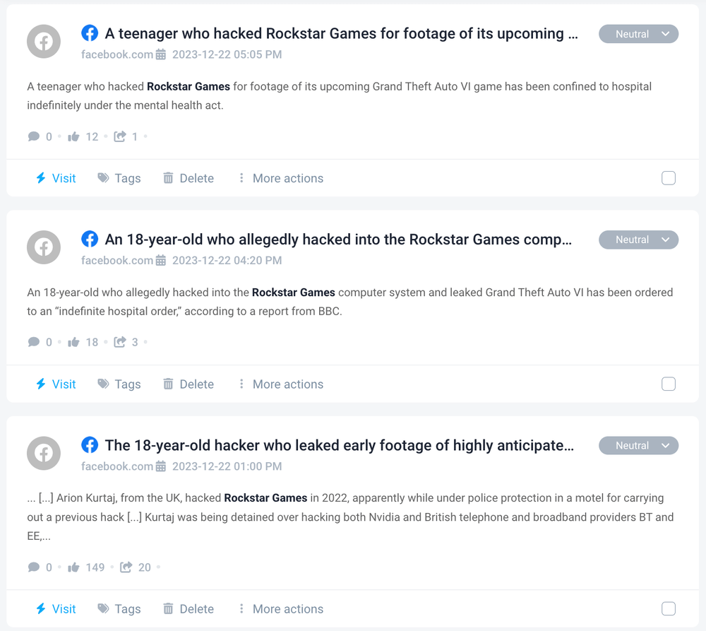 Neutral Facebook mentions detected by Brand24 tool