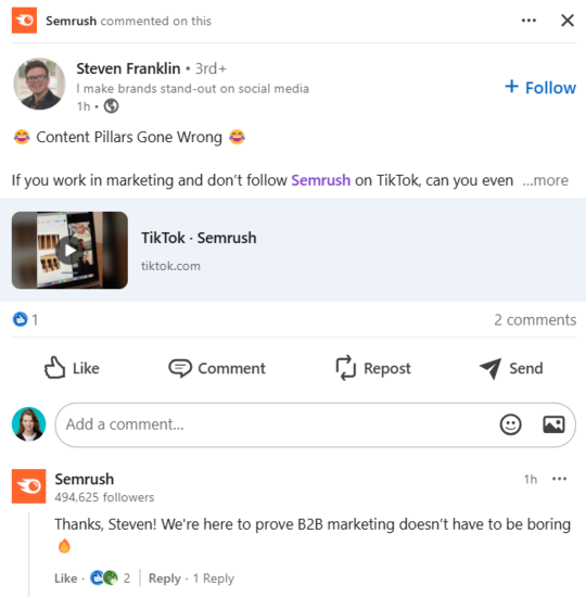 Semrush commenting on the post where it was mentioned