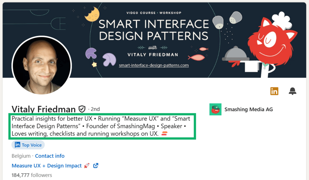 LinkedIn profile (Vitaly Friedman) with proper keywords in the headline