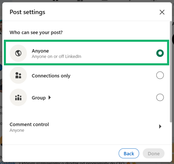 Setting the post visbility: choose "Anyone"