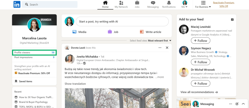 LinkedIn dashboard: number of profile viewers
