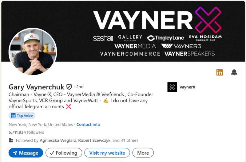 Gary Vaynerchuk’s LinkedIn profile is a perfect example of how to craft an engaging and impactful LinkedIn intro.