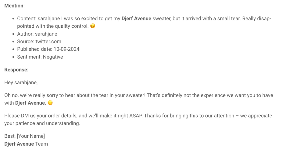 AI generated response to negative comment by Brand Assistant - Brand24 AI tool.