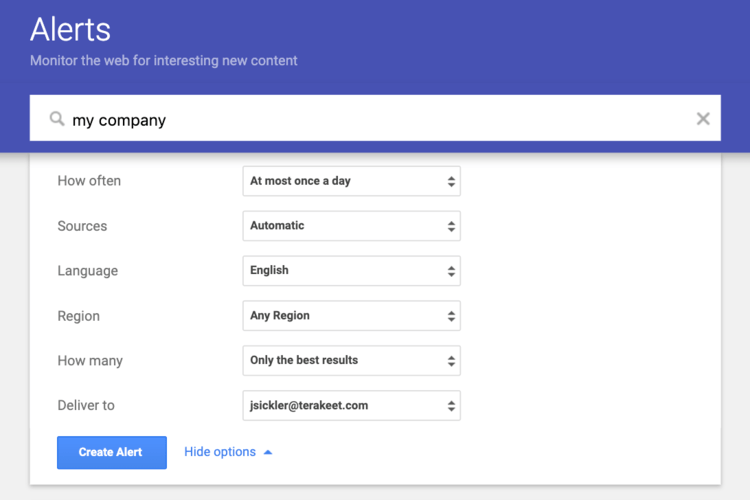 Google Alerts dashboard.