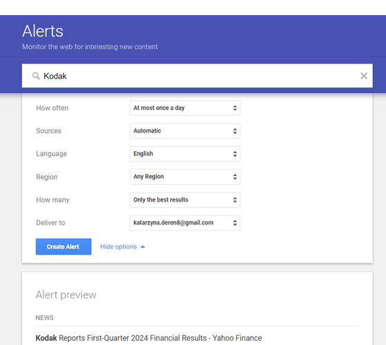 Google Alerts dashboard.