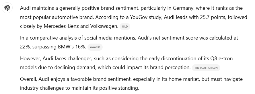 Online research conducted by ChatGPT 4o - answer to question "What is Audi's sentiment?"