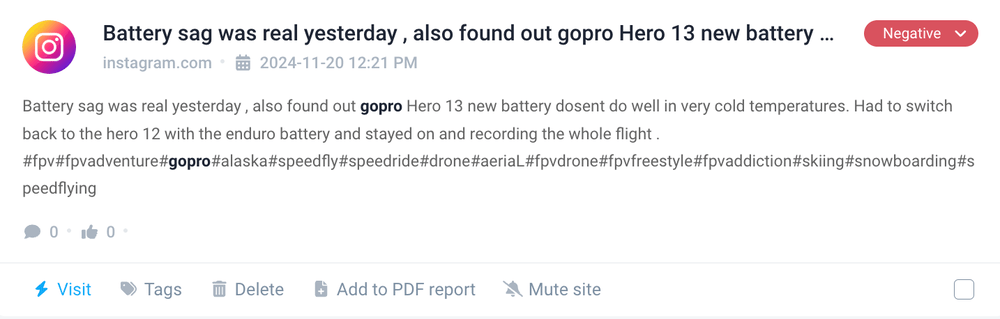 Negative words on GoPro Hero 13 from Brand24, sentiment analysis tool.