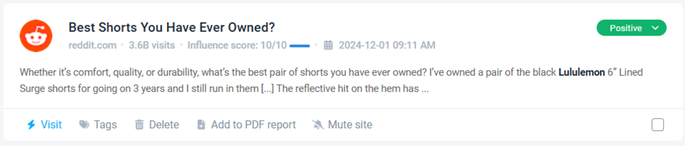 Positive mention on Reddit identified by Brand24 - example: Lululemon