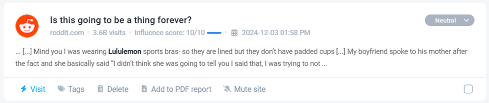 Neutral mention on Reddit identified by Brand24 - example: Lululemon