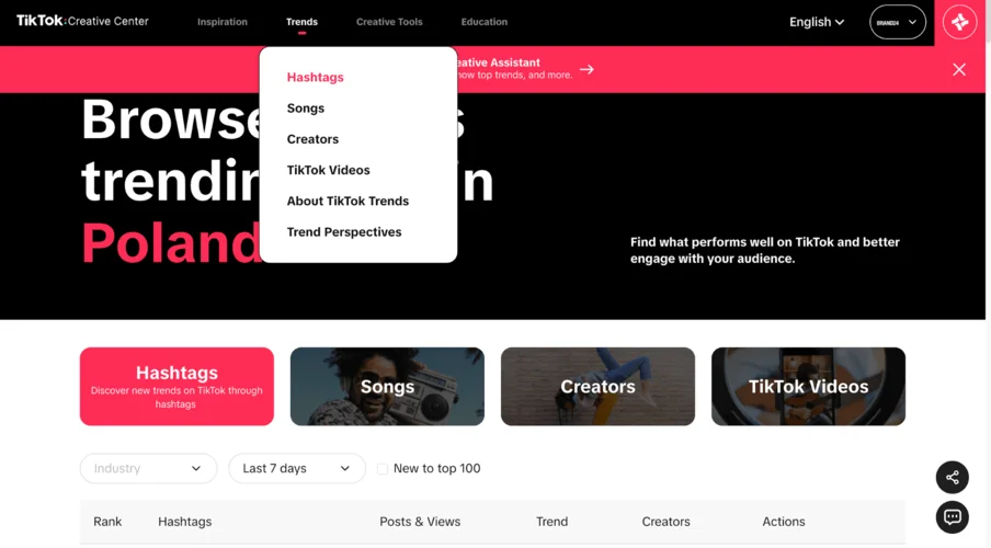 TikTok Creative Center and hashtag analytics.