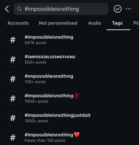 List of hashtags that appears after typing in something.