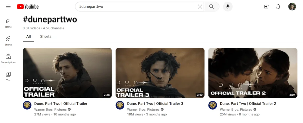 All YouTube videos with hashtag #duneparttwo